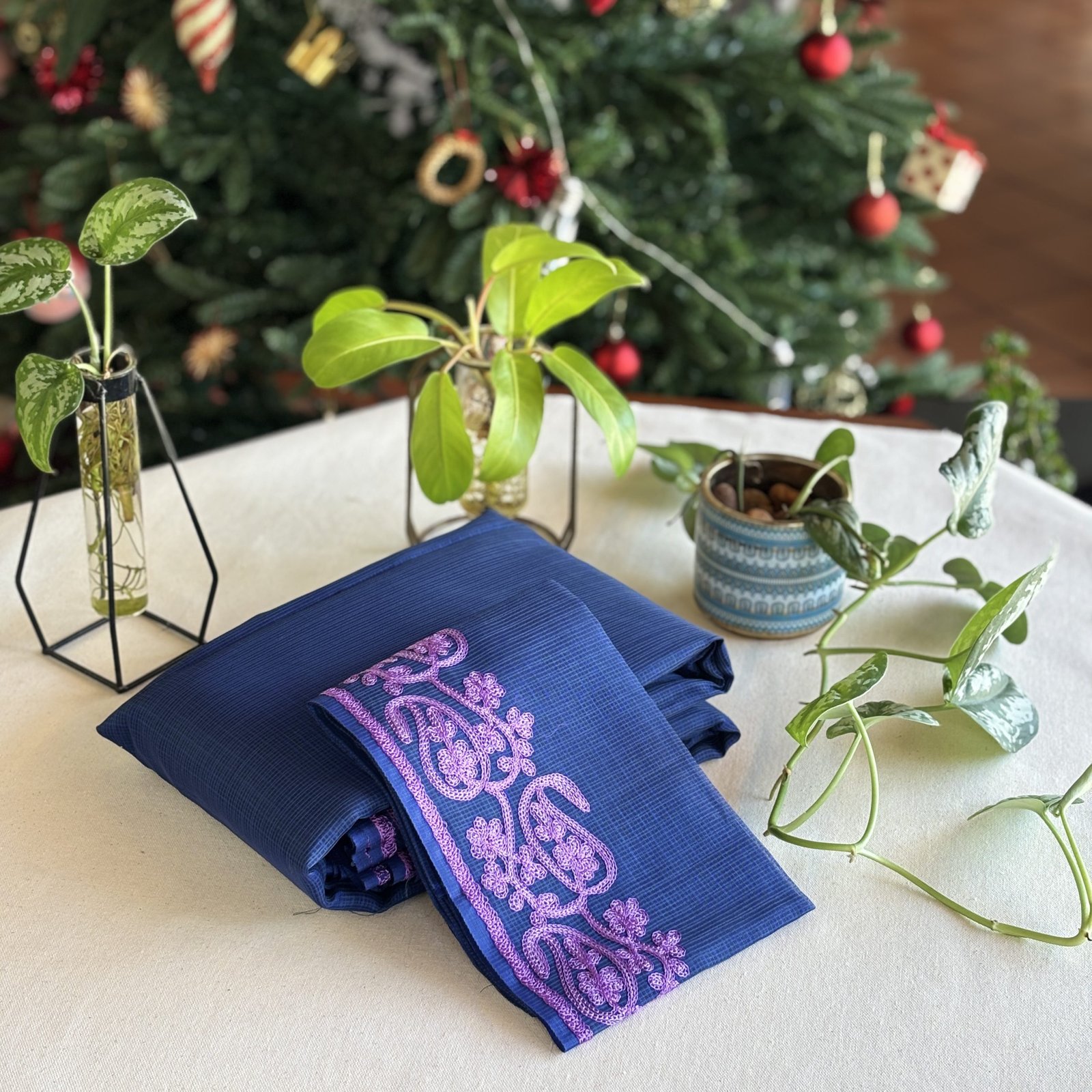 Noil Kota Saree (Navy Blue with Lavender)
