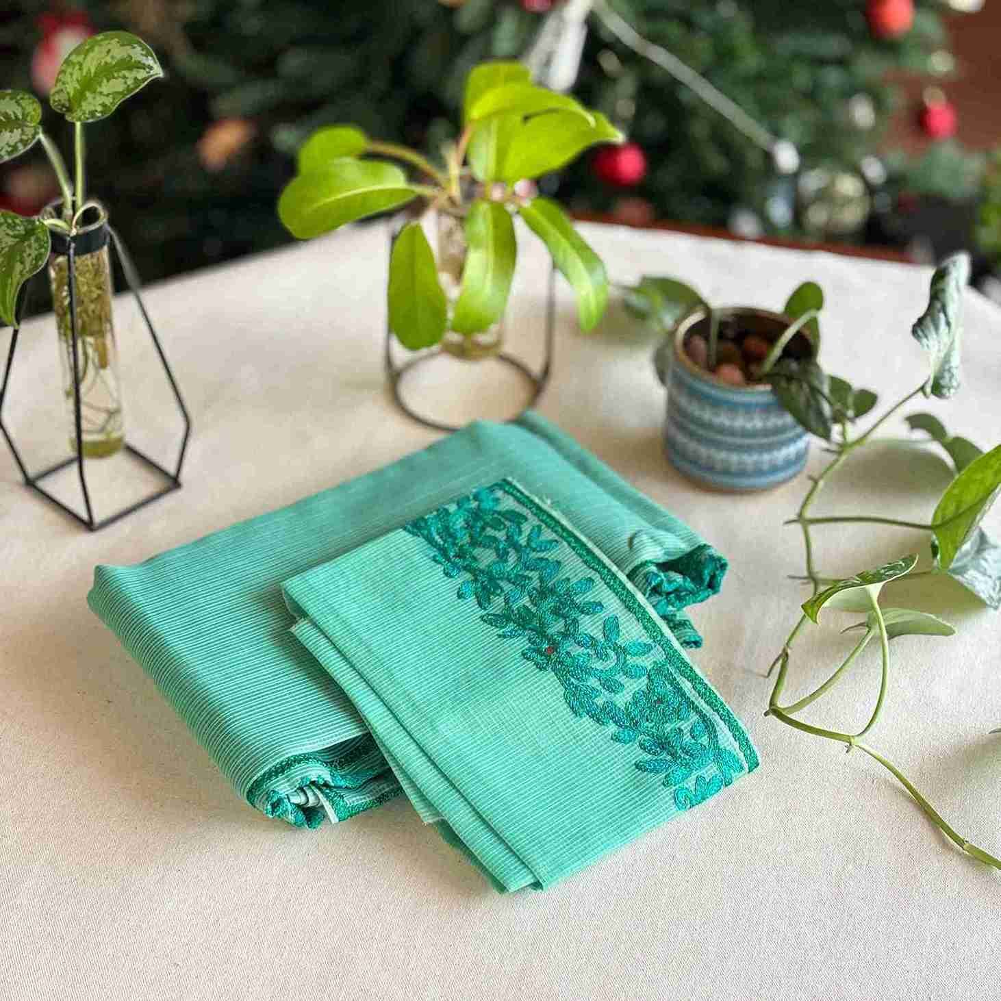 Noil Kota Saree (Sea green with blue and green)