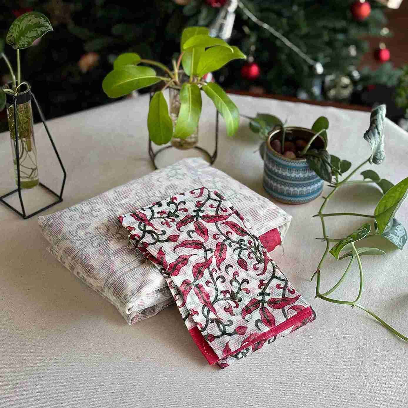 Noil Kota Saree (Off-white with Red)