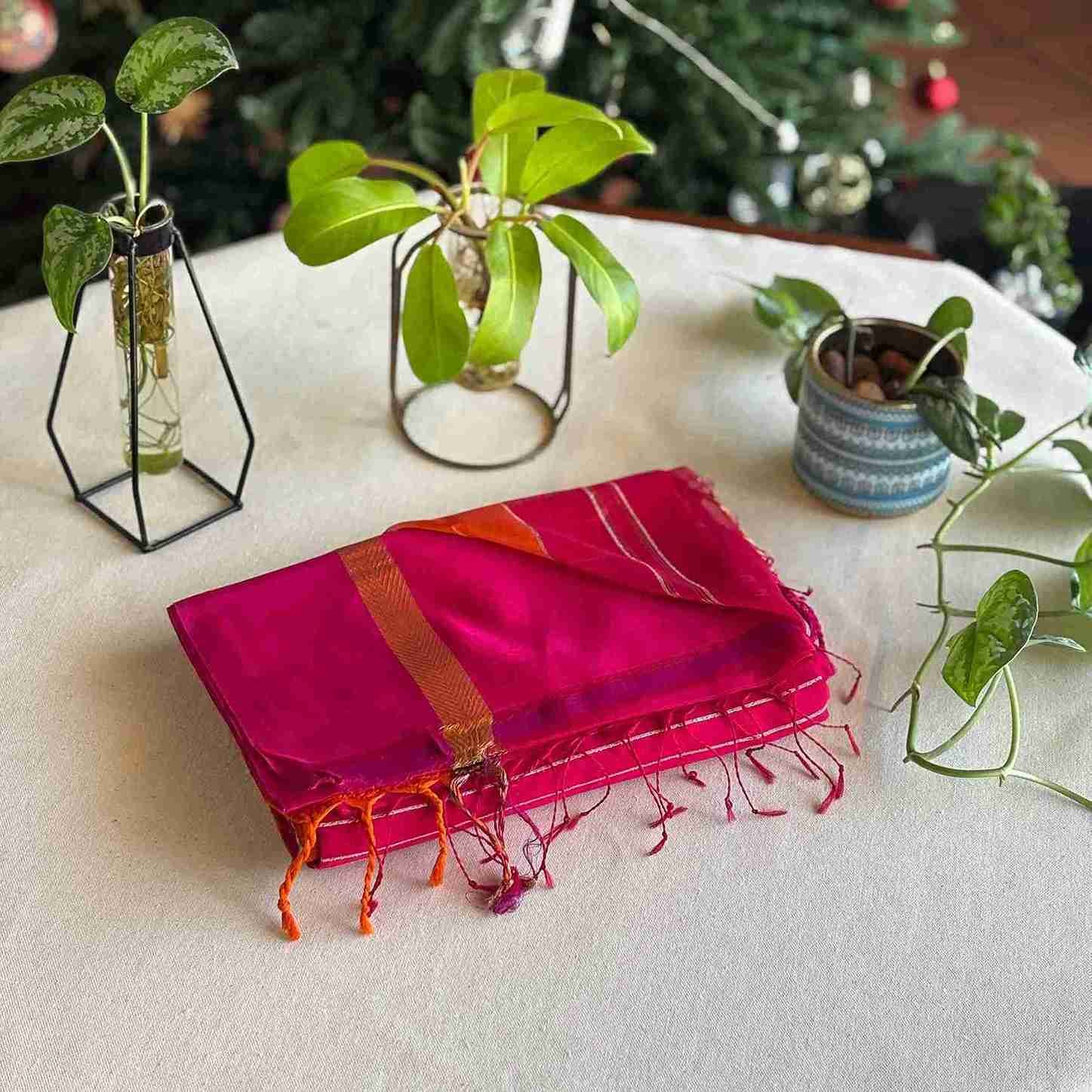 Handloom Silk Cotton Saree (Rani pink with Orange)