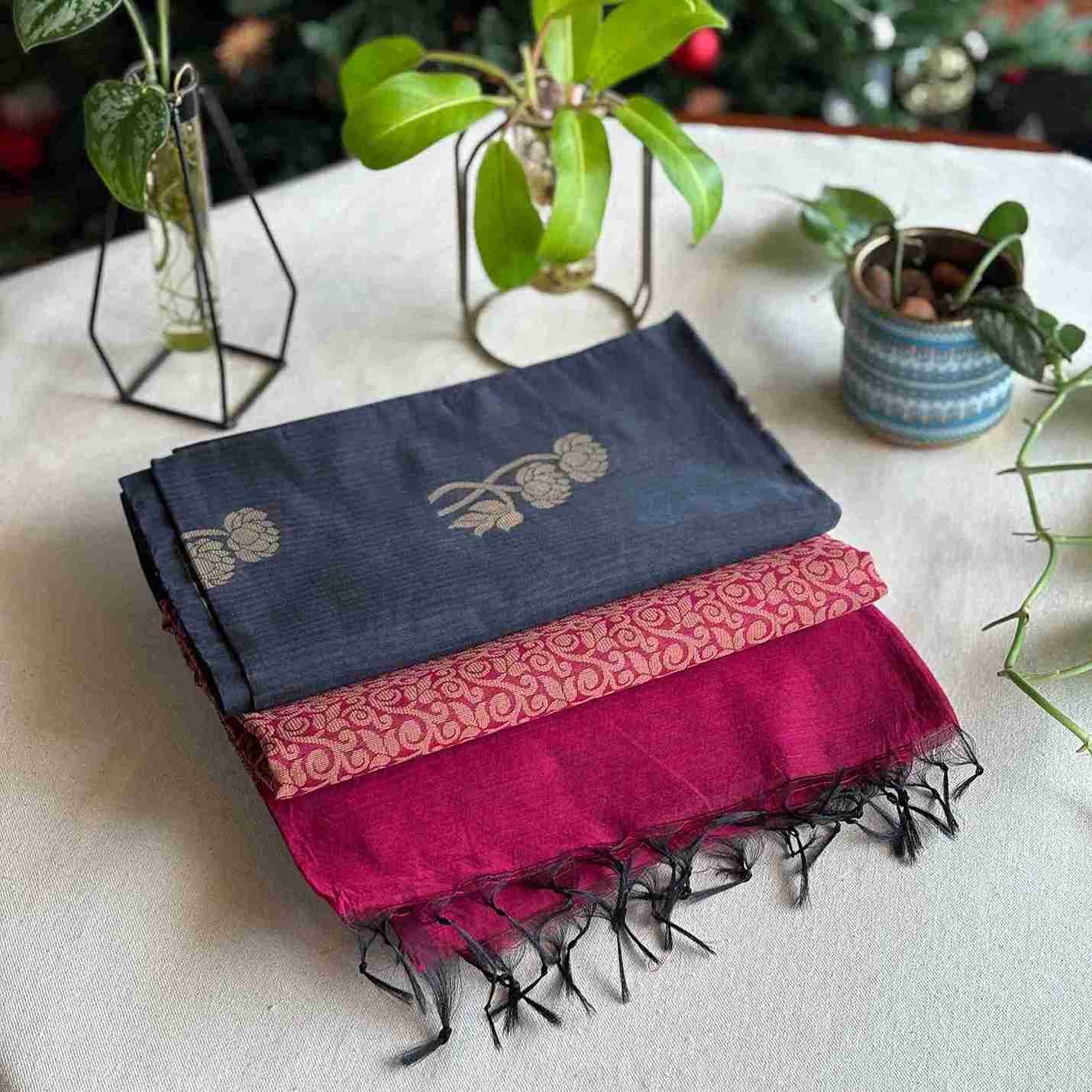 Handloom Cotton Silk Saree (Ash with Rani Pink)