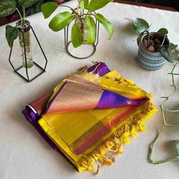 Handloom Kanchipuram Softsilk saree (Violet &Yellow) - Image 2