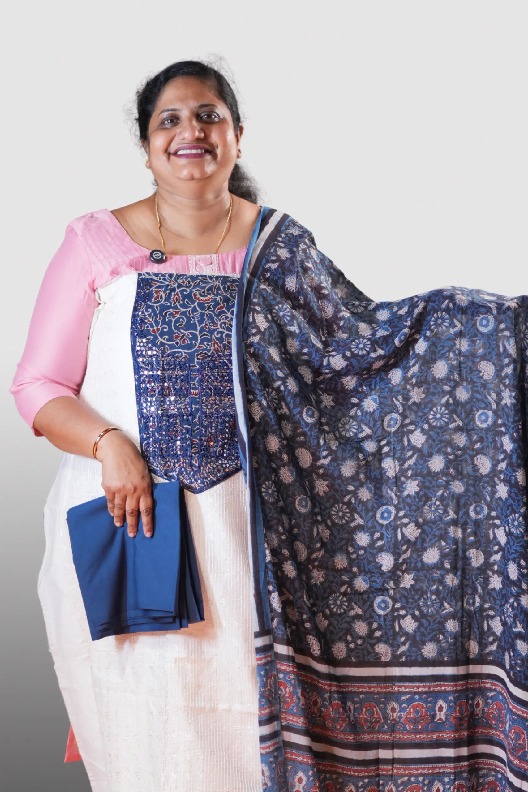 Chanderi Silk With Thread Work And Block Printed Yoke (GVD 2131)